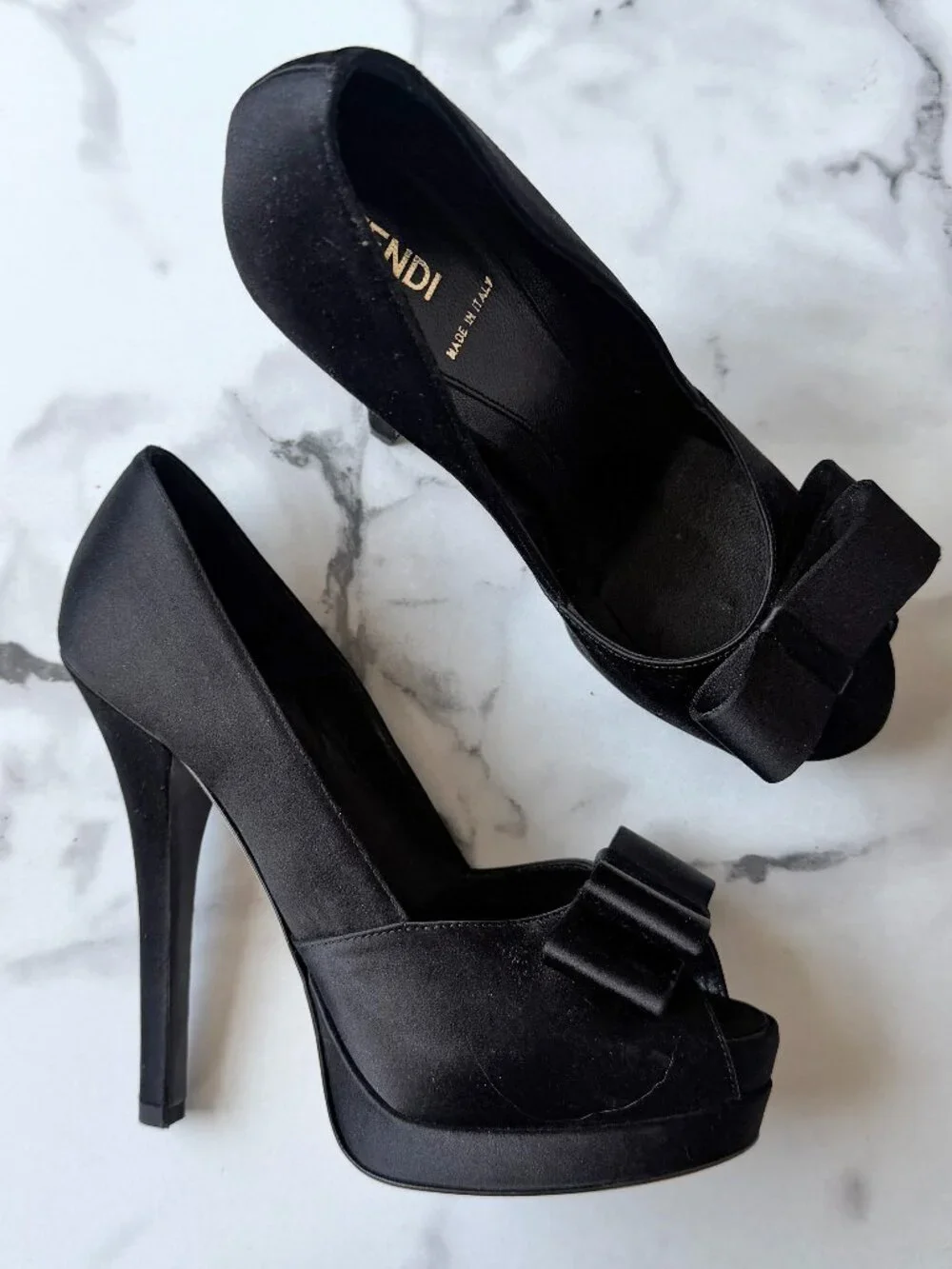 Fendi Black Satin Bow Peep Toe Platform Heels Size 38.5